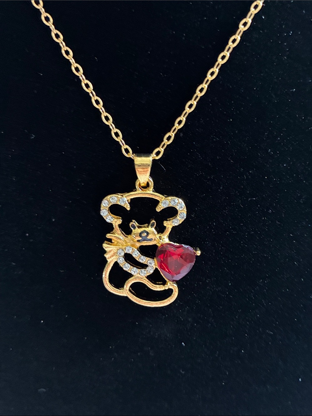 Gold-Tone Cat Pendant Necklace with Red Heart Gem